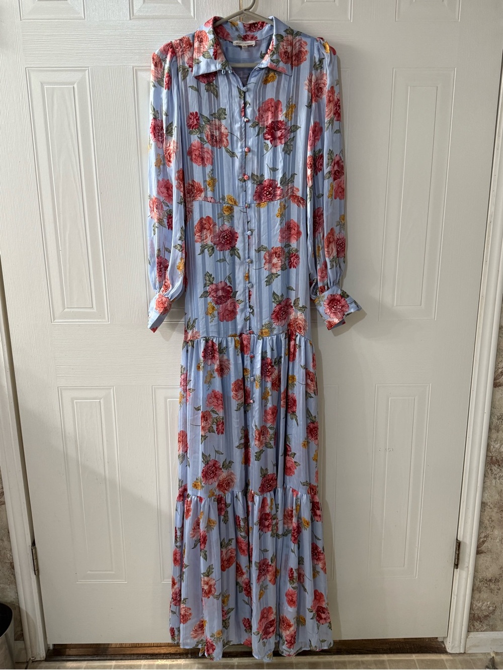 Light Blue Floral Button-Front Maxi Dress with Rose Print